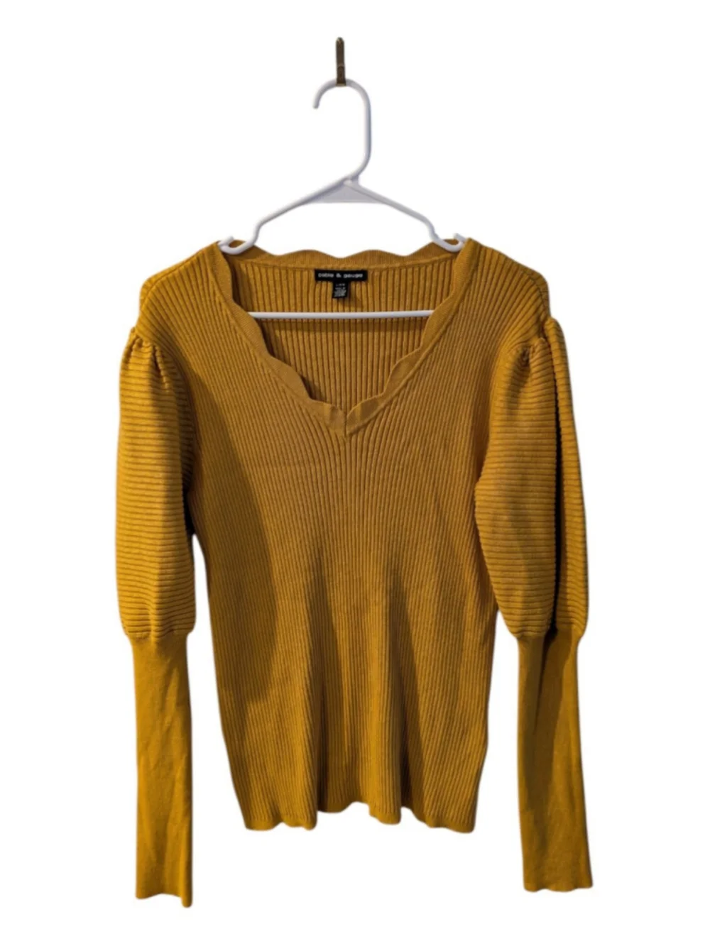 Cable & Gauge Mustard Ribbed Puff Sleeve Sweater Top Size L Boho Fall